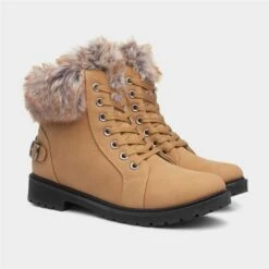 Lilley Womens Tan Lace Up Boot With Faux Fur -Canvas Comfort 180002 2 L06.20220928000620