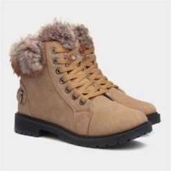Lilley Womens Tan Fur Lace Up Boot -Canvas Comfort 18064 2 L06.20220928000628
