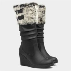 Lilley Womens Black High Leg Wedge Boot -Canvas Comfort 188041 2 L06.20220919000334